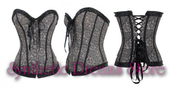 0033 - Corset Overbust Floral Brocade Cinza