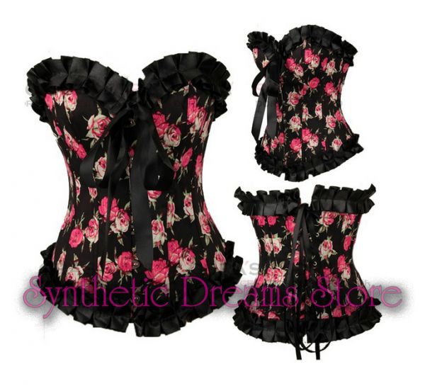 0013 - Corset Overbust com Rosas e Fita