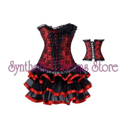 0008 - Corset e Saia Renda e Babado Vermelho
