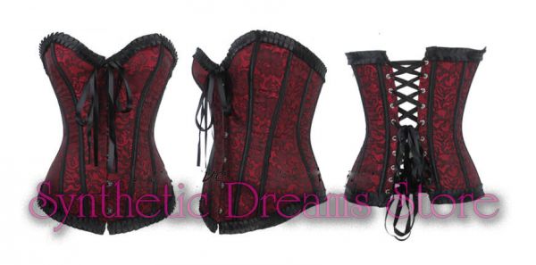 0033 - Corset Overbust Floral Brocade Vermelho