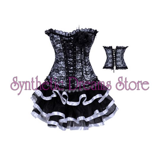 0008 - Corset e Saia Renda e Babado Branco